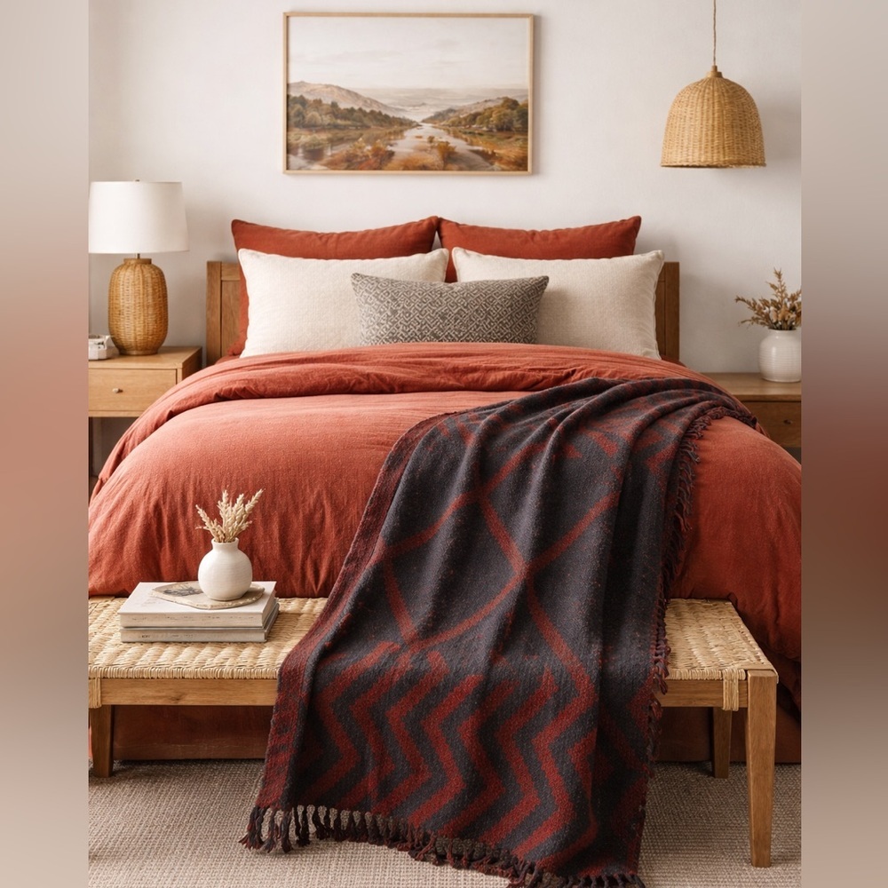 Creative Co-Op Recycled Cotton Blend Throw Blanket Geometric Fringe, Multicolor